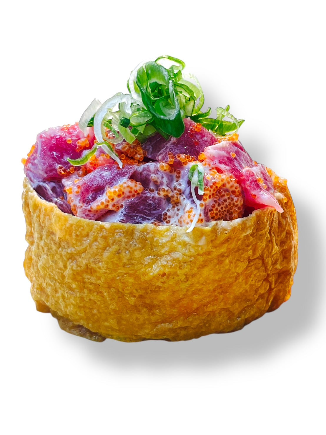 Inari sushi filled with spicy tuna mix, creamy sauce, masago, and topped with seaweed salad.